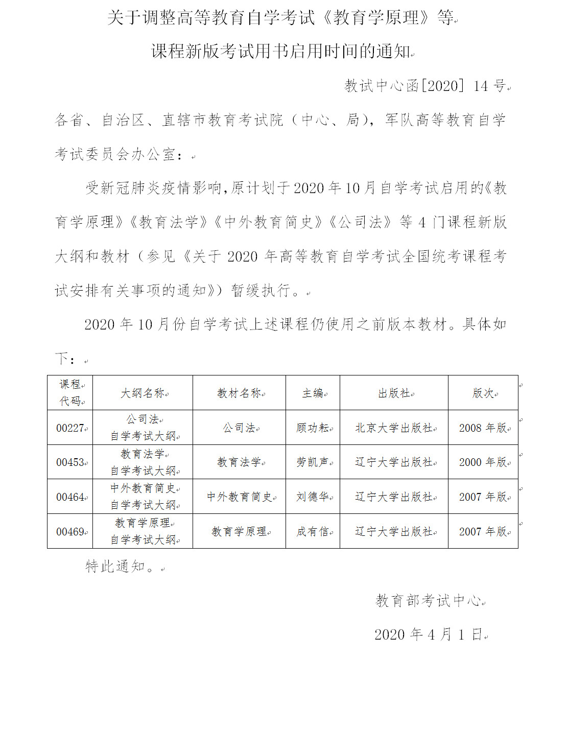 关于调整部分课程新版考试用书启用时间的通知(图1)